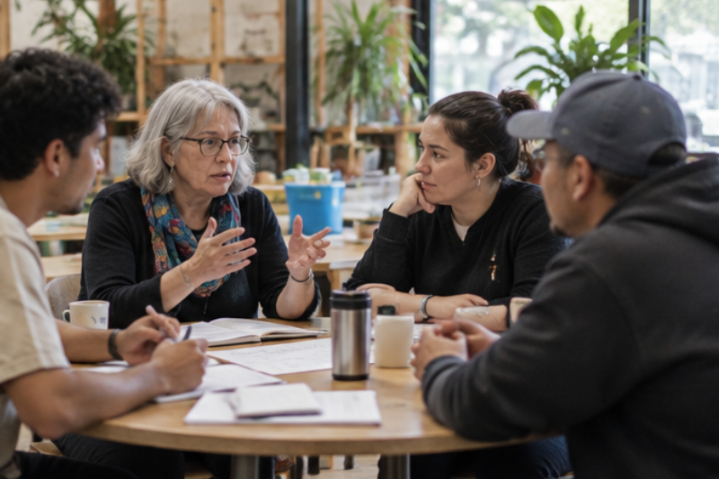 Members of an incorporated society meeting around a table to discuss plans and financial information